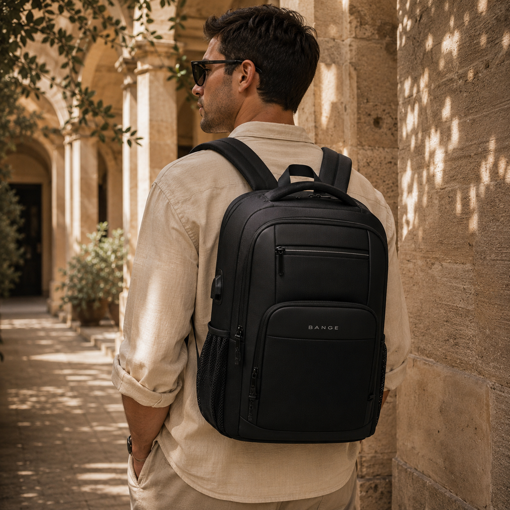 A man wearing a black RANDE backpack, seen from behind as he walks through a sunlit stone corridor with arches.
