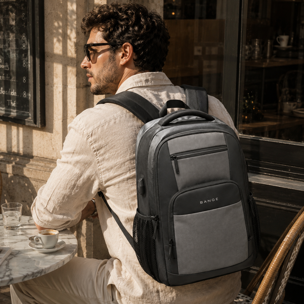 A man wearing a gray and black RANGE backpack sits at a cafe table, viewed from behind as he looks out the window.