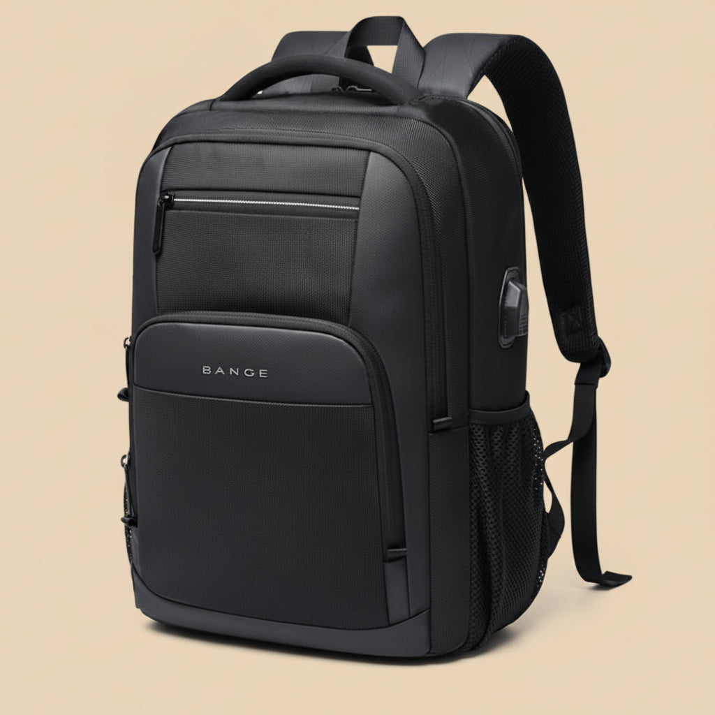 A black Bange backpack with multiple zippered compartments, a top handle, padded shoulder straps, and a side mesh pocket, shown on a solid beige background.