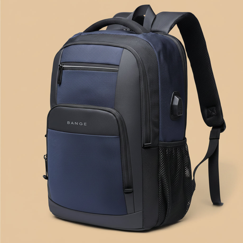 A navy blue and black BANGE backpack with multiple zippered compartments, a side mesh pocket, and padded shoulder straps, shown on a solid beige background.
