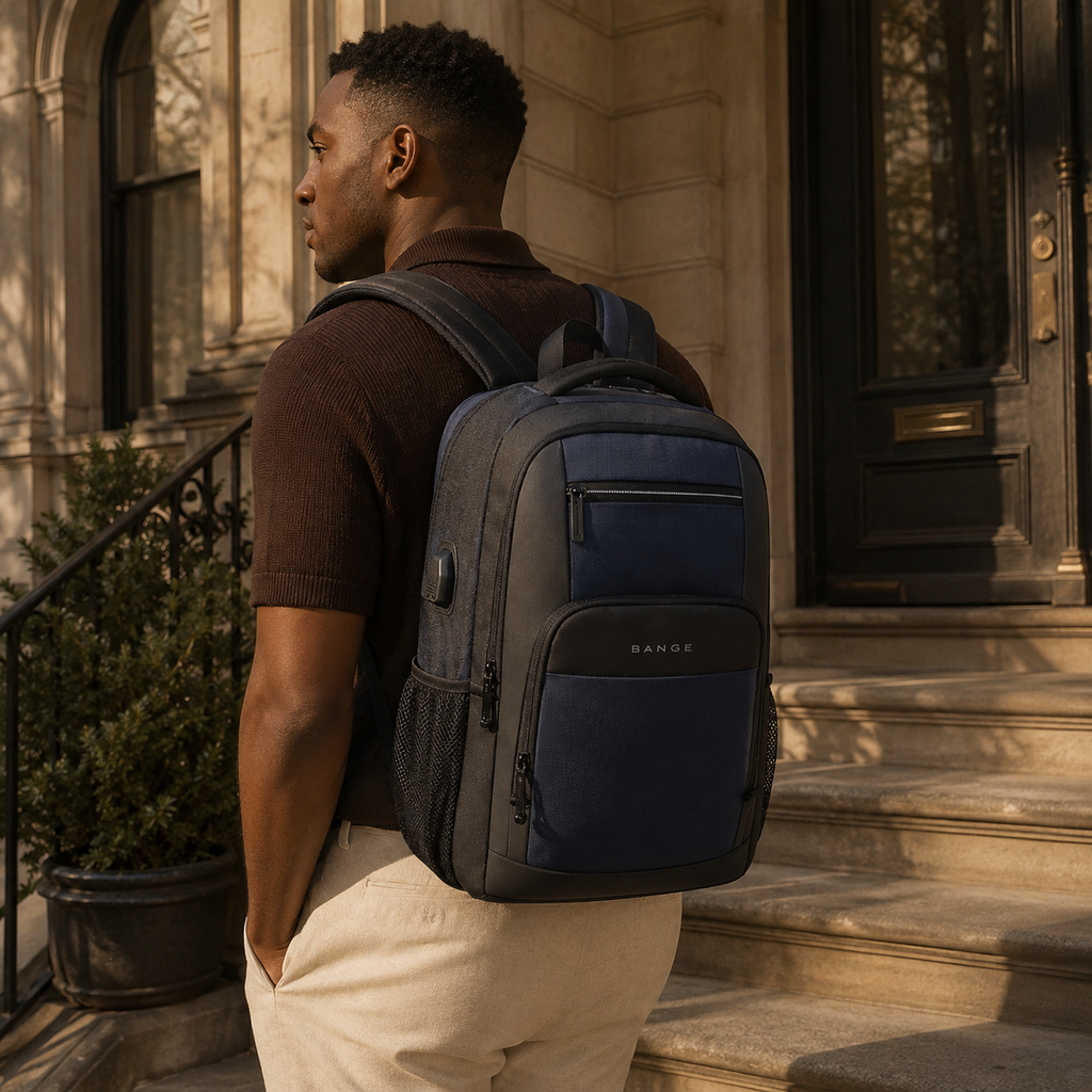 A man wearing a navy blue and gray backpack with a USB-C port on the side, standing on the stone steps of a classic brownstone building.