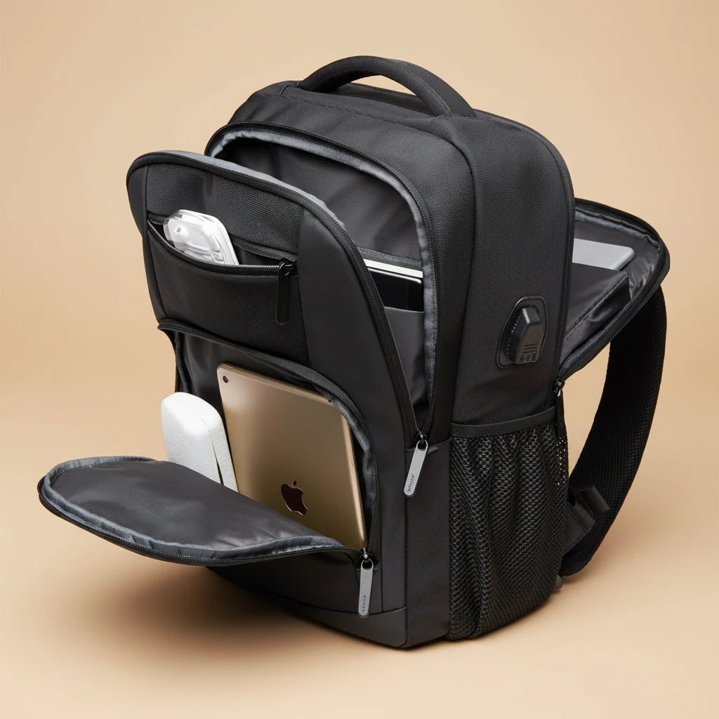 A black backpack shown open on a warm beige studio background, with multiple compartments and pockets containing electronic accessories. No person, animal, or real environment is present, so this is Product/Packaging rather than Lifestyle.