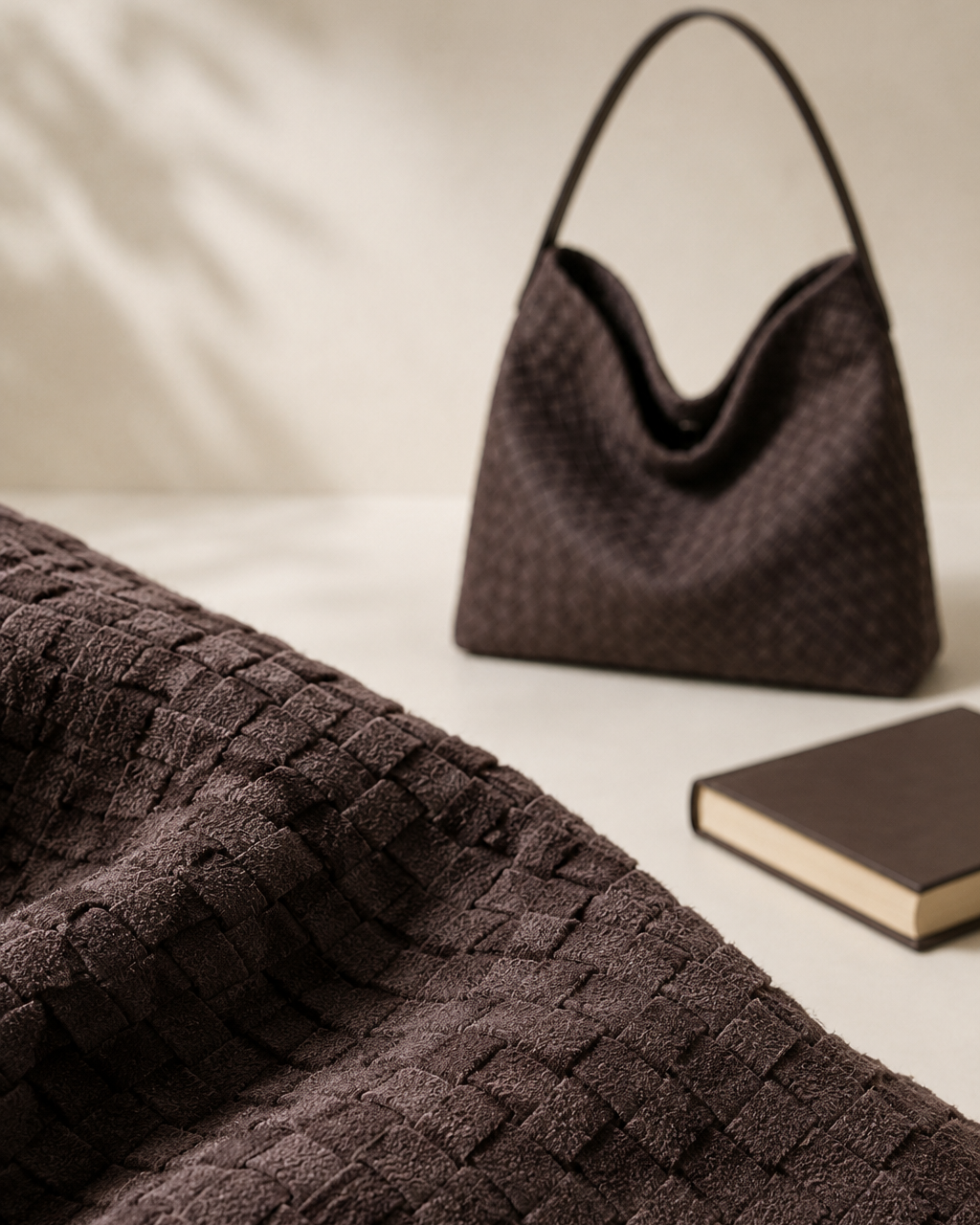 A dark brown woven leather shoulder bag with a single top handle, styled on a light beige surface next to a book, with a matching woven fabric prop in the foreground.