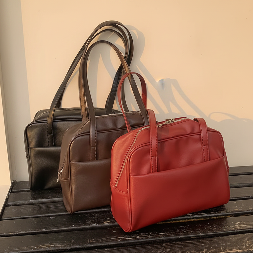Three leather handbags in black, brown, and red on a wooden surface with a white background.