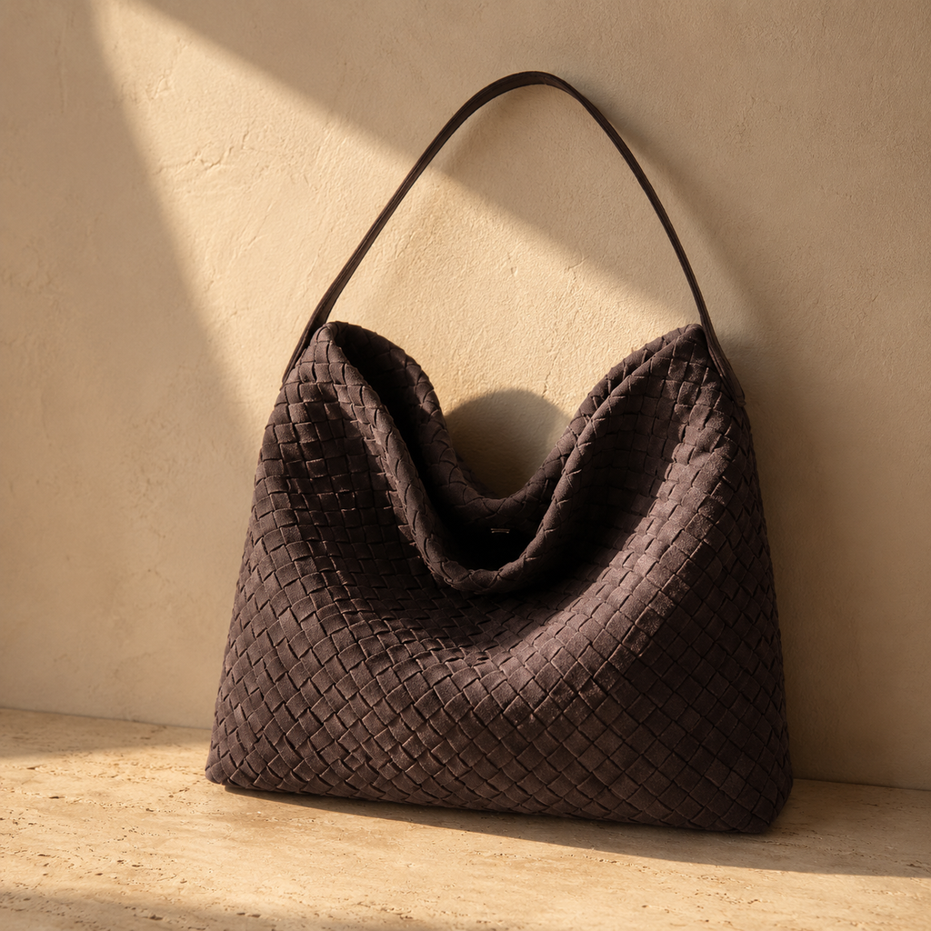 A dark brown woven leather hobo shoulder bag with a single strap, leaning against a textured beige wall on a stone surface under warm sunlight.