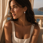 A woman wearing a delicate silver dangle earring with a white pearl, posing on a sunlit balcony with a scenic ocean view in the background.