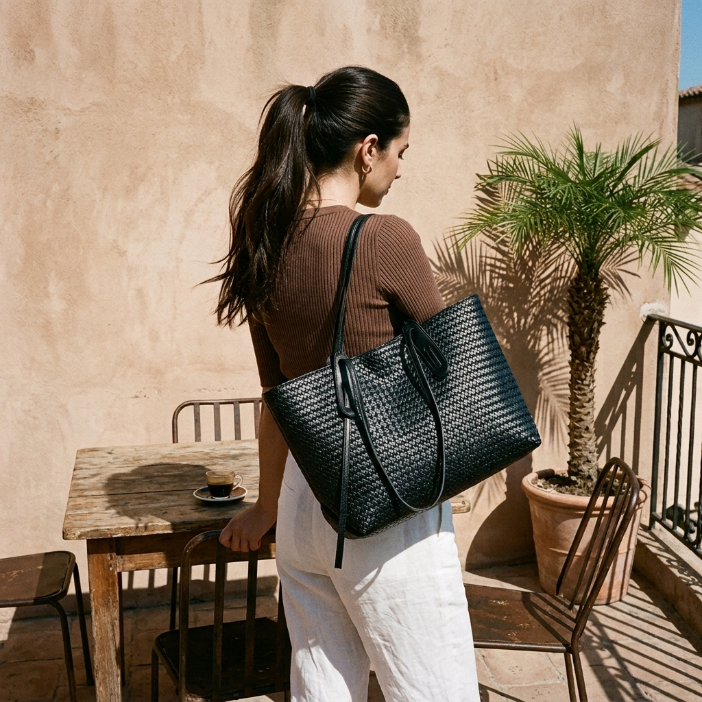 ARDÈNE - Woven Vegan Leather Structured Tote Bag