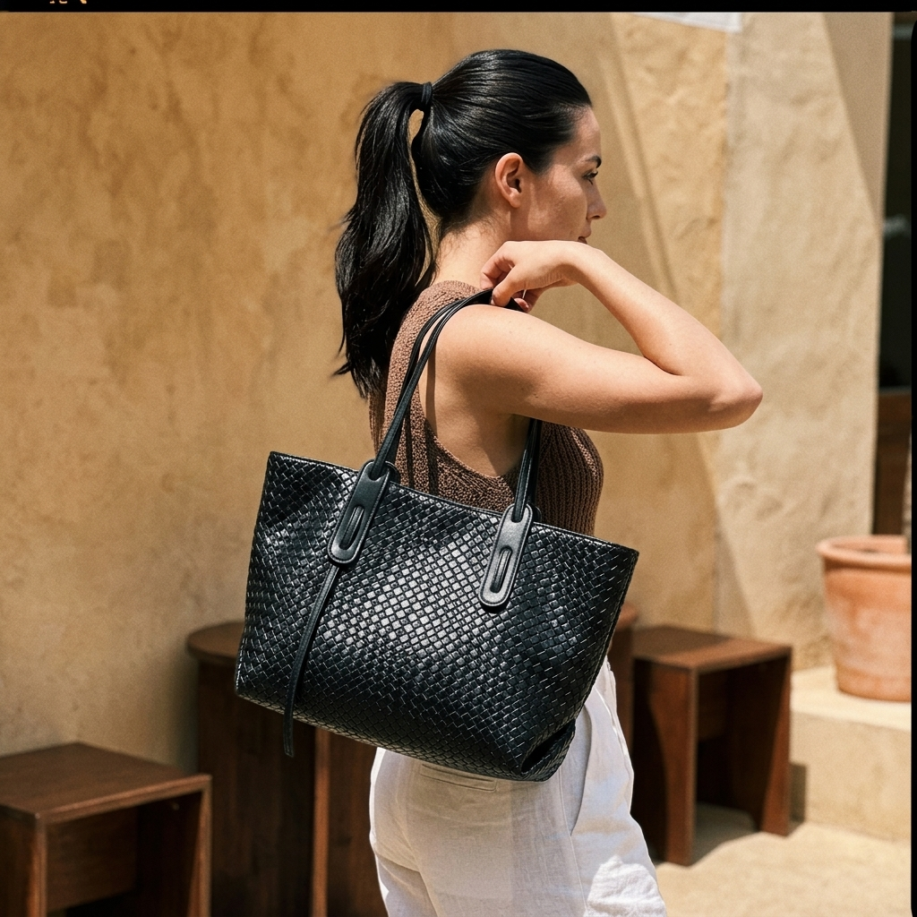 ARDÈNE - Woven Vegan Leather Structured Tote Bag