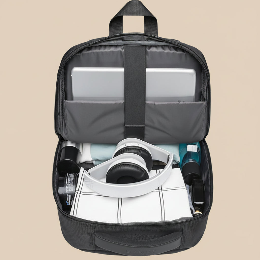 Black backpack with compartments containing a laptop, headphones, and other items on a white background