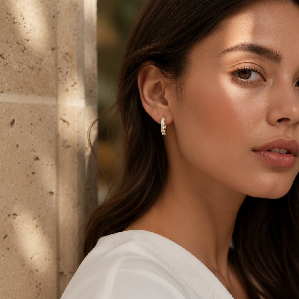 A close-up lifestyle shot of a woman wearing a delicate gold huggie hoop earring with small clear stones, set against a warm stone pillar background.