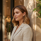 A woman with shoulder-length blonde-highlighted hair is shown in profile, wearing a light beige blazer and small hoop earrings, leaning against a textured stone wall in a real storefront setting.