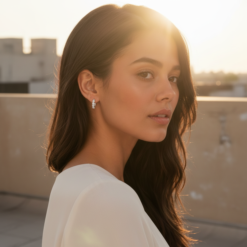 A woman with long dark brown hair is shown in profile outdoors at sunset, wearing a small silver hoop earring. The background features warm golden hour light and blurred buildings.