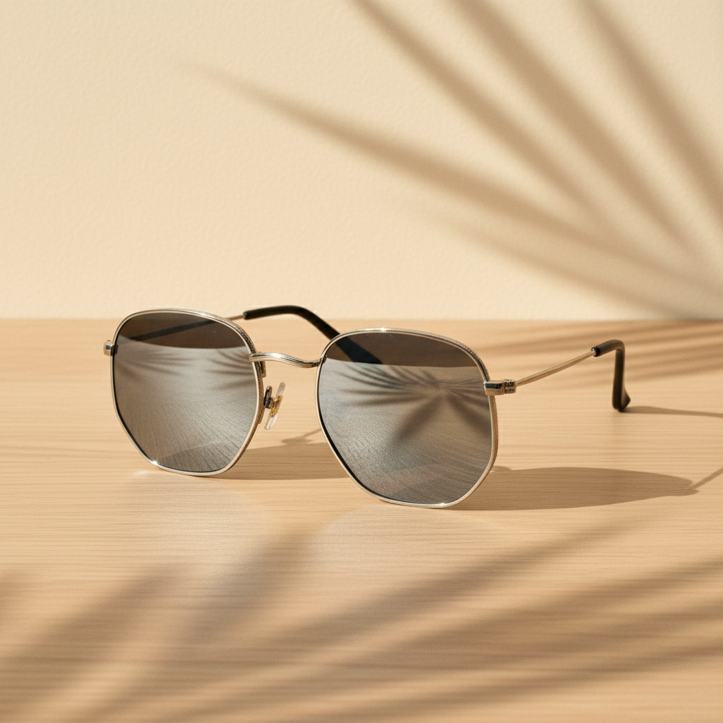 Oversized square aviator-style sunglasses with a thin silver metal frame and dark gray tinted lenses, resting on a light wood surface with palm leaf shadows cast across the scene.