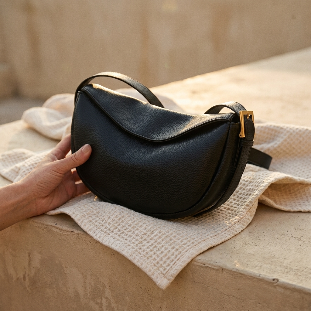 A black pebbled leather crescent-shaped shoulder bag with a gold-tone buckle, held by a hand resting on a textured cream waffle-knit blanket.