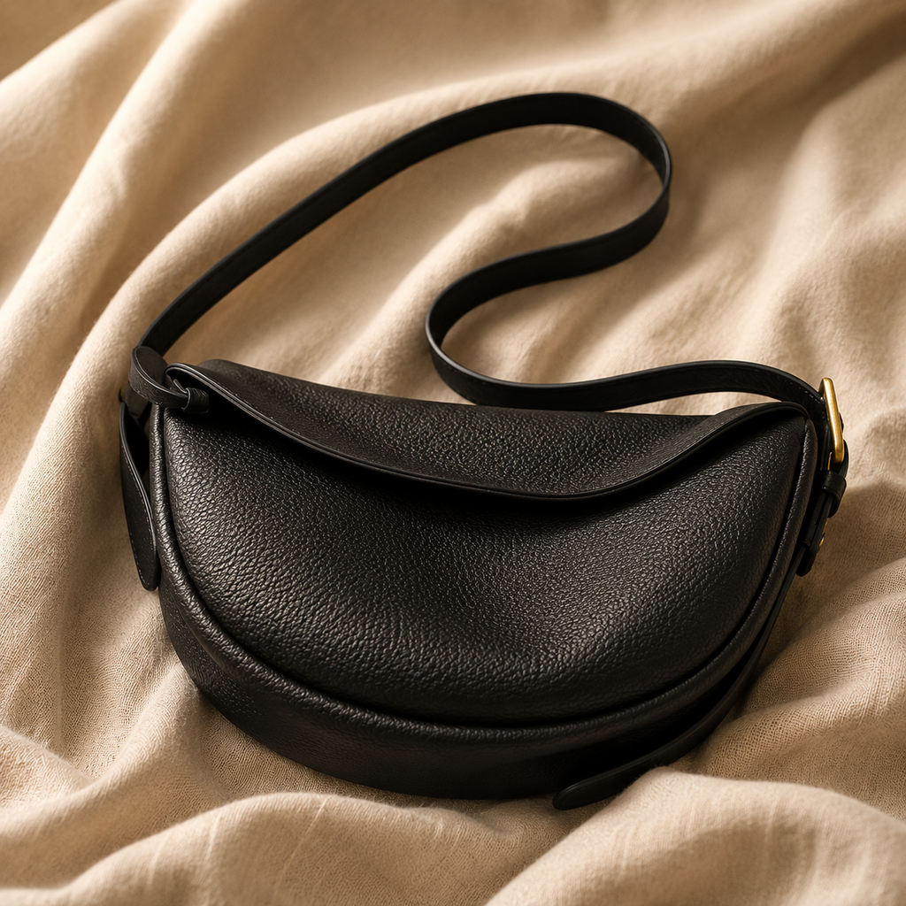 A black pebbled leather crescent-shaped shoulder bag with a curved flap and a thin strap, styled on a draped beige fabric background.