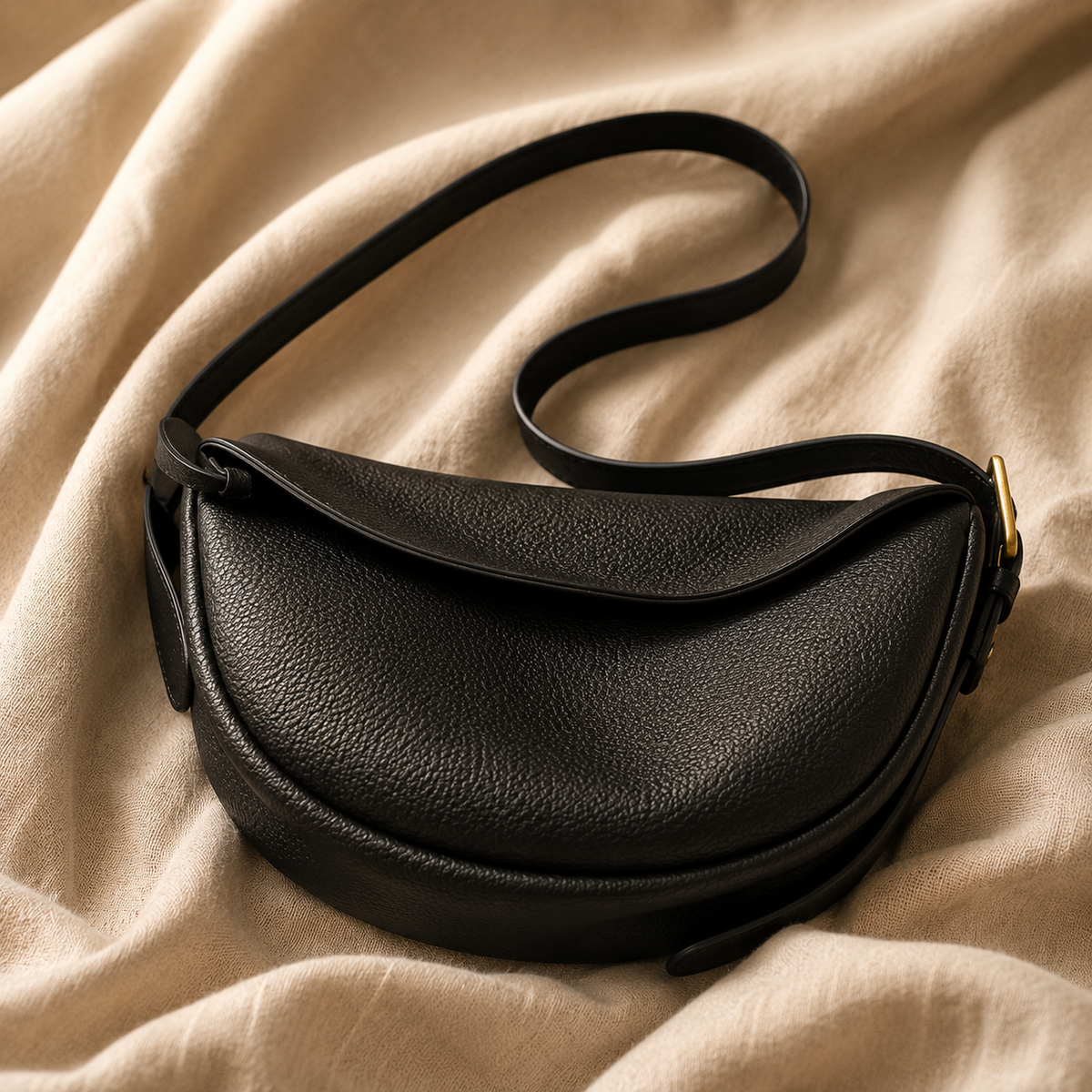 A black pebbled leather crescent-shaped shoulder bag with a curved flap and a thin strap, styled on a draped beige fabric background.