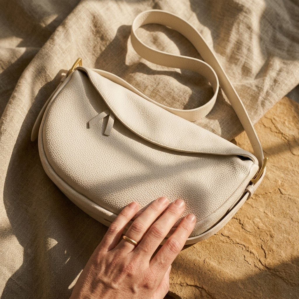 A cream-colored pebbled leather crescent-shaped shoulder bag with a matching strap, styled on a textured beige linen cloth with warm sunlight and shadows. A hand with a gold ring rests on the bag.
