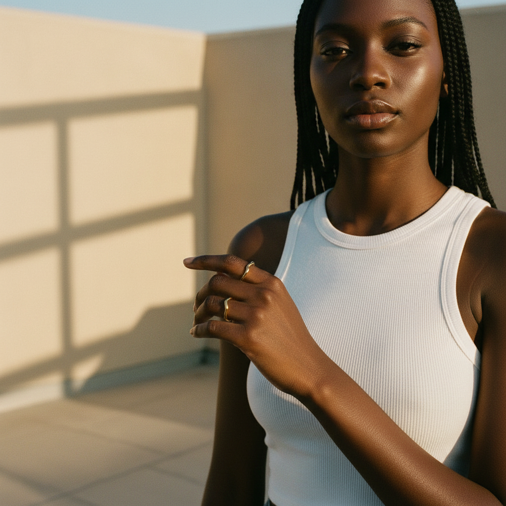 A woman wearing a white ribbed tank top and gold rings, standing outdoors in warm sunlight with beige walls and window shadows in the background.