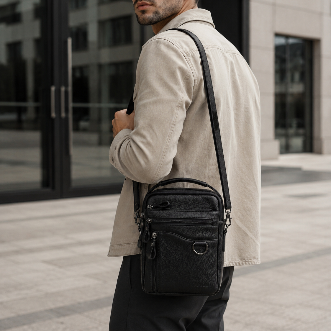 Man wearing sunglasses and a beige jacket with a black crossbody bag in an urban setting.