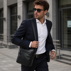 Man in a suit walking outdoors with a black leather bag