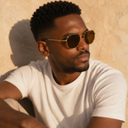 A man wearing gold-framed aviator sunglasses with dark brown lenses and a white t-shirt, leaning against a textured beige wall in warm sunlight.