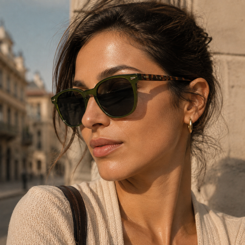 A woman wearing olive green cat-eye sunglasses with dark lenses, photographed outdoors against a sunlit stone wall.