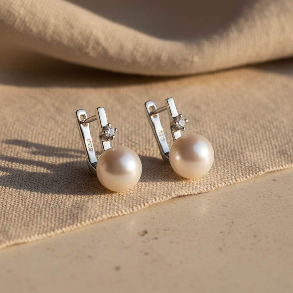 A pair of silver huggie hoop earrings with a small clear crystal and a round cream pearl, resting on a textured beige linen surface.