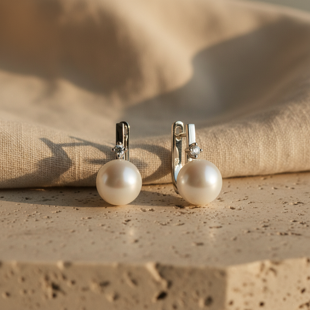 A pair of silver-toned hoop earrings with large, lustrous white pearl drops, resting on a textured beige stone surface with draped linen fabric in the background.