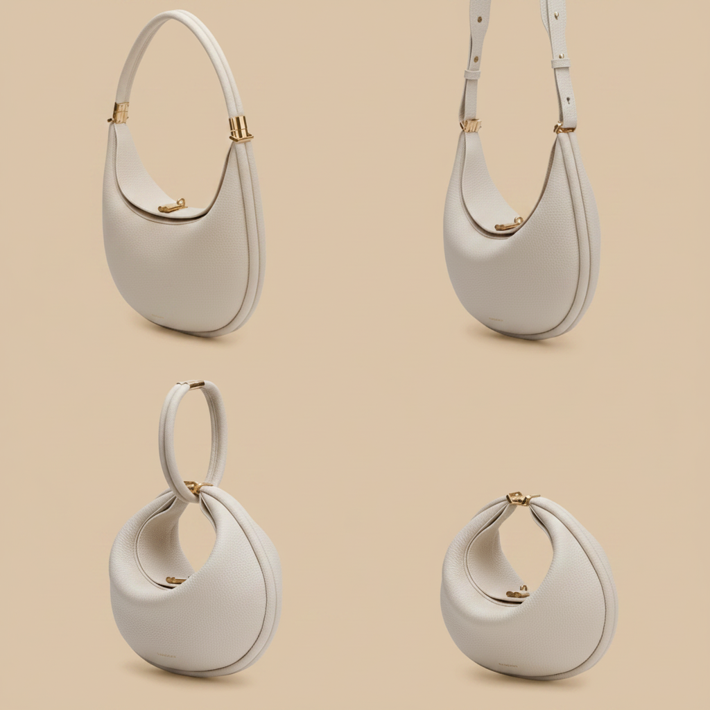 Set of four beige handbags with gold accents on a white background