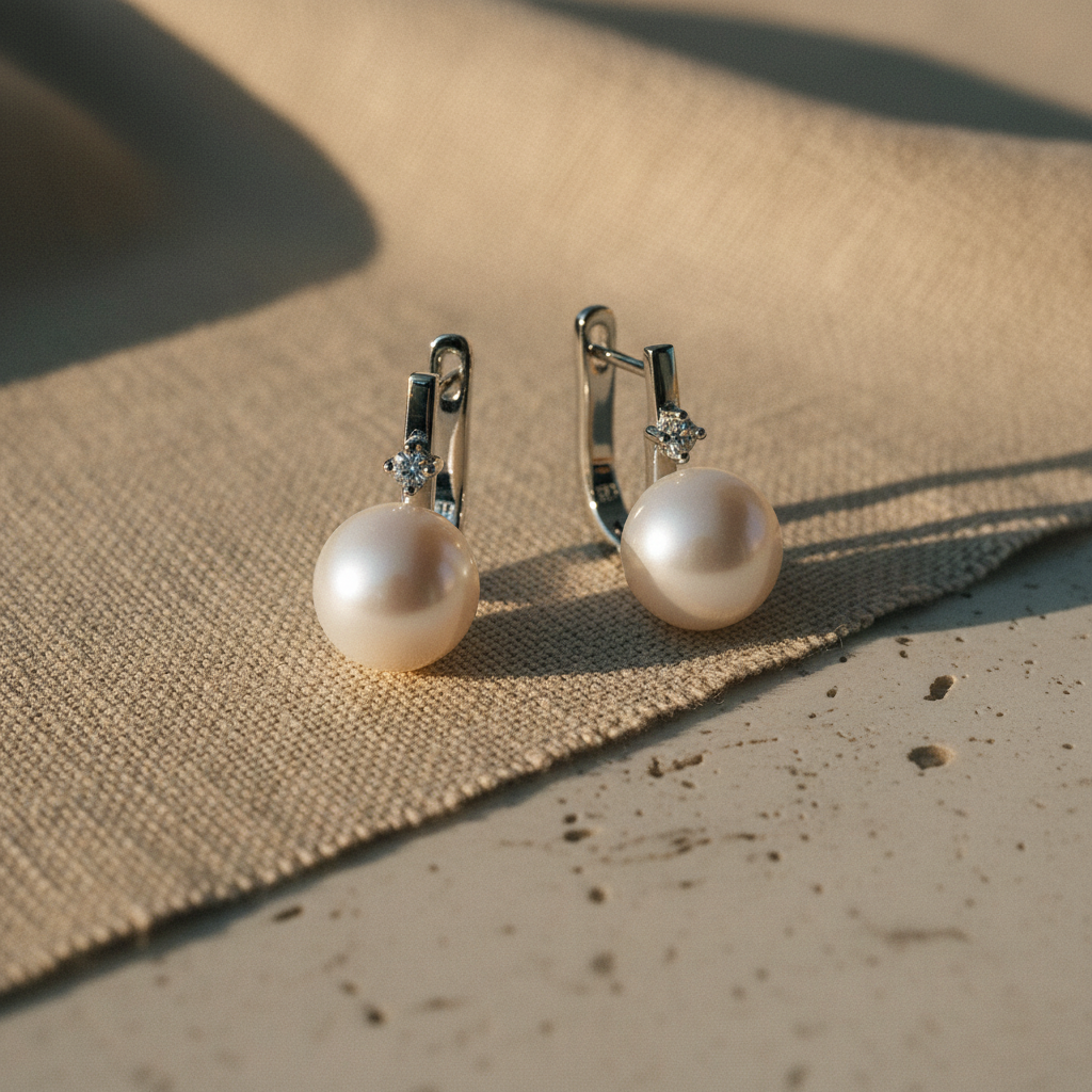 A pair of silver-toned huggie earrings with large white freshwater pearls and small clear stones, resting on a textured beige fabric surface.