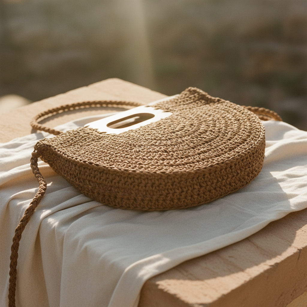 A round, handwoven straw bag with a braided handle, resting on draped cream-colored fabric atop a wooden surface in warm, sunlit outdoor light.