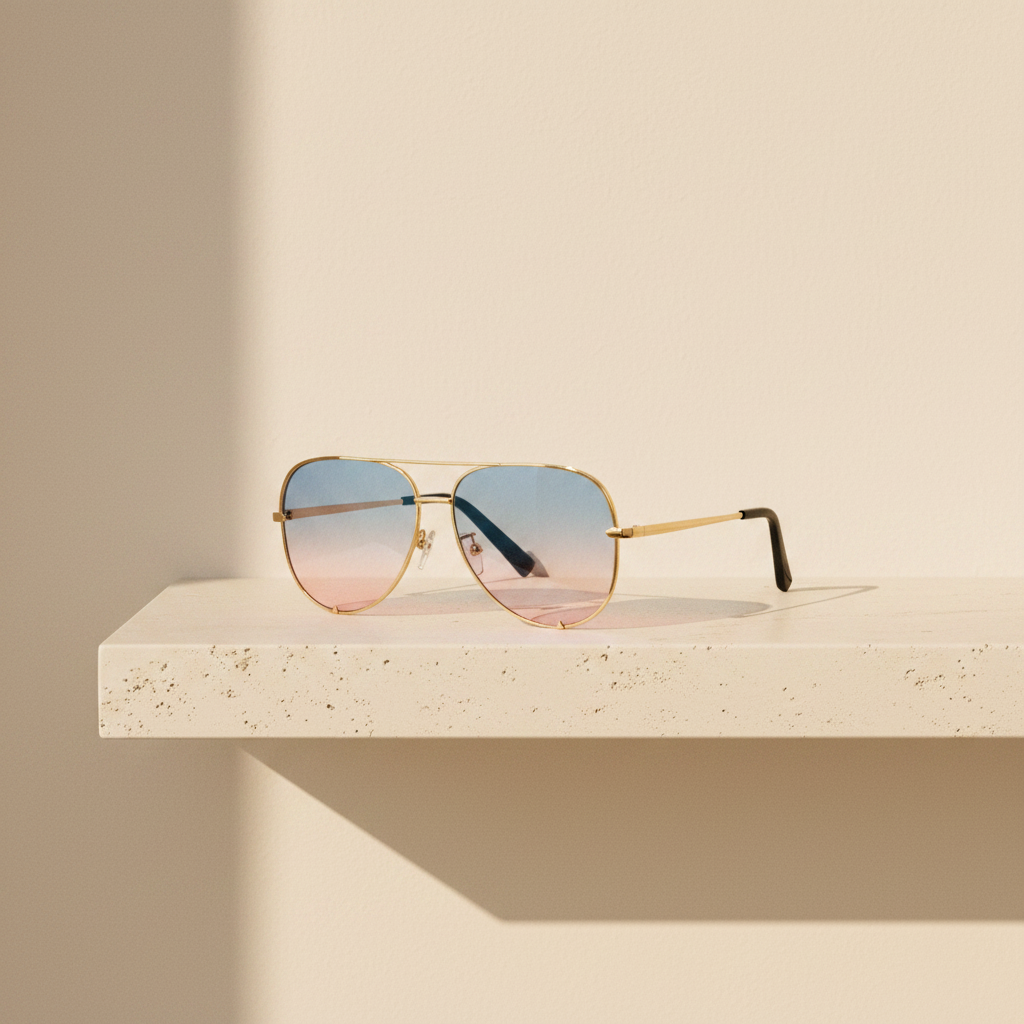 Gold-framed aviator sunglasses with a blue-to-pink gradient lens, resting on a textured white shelf against a warm beige background.