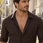 REGENT silver chain necklace worn with a chocolate linen shirt outdoors