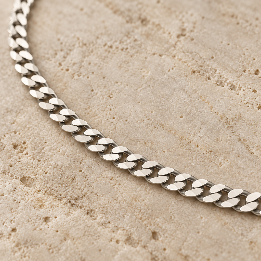 Close-up of REGENT's flat polished 925 sterling silver Cuban curb links
