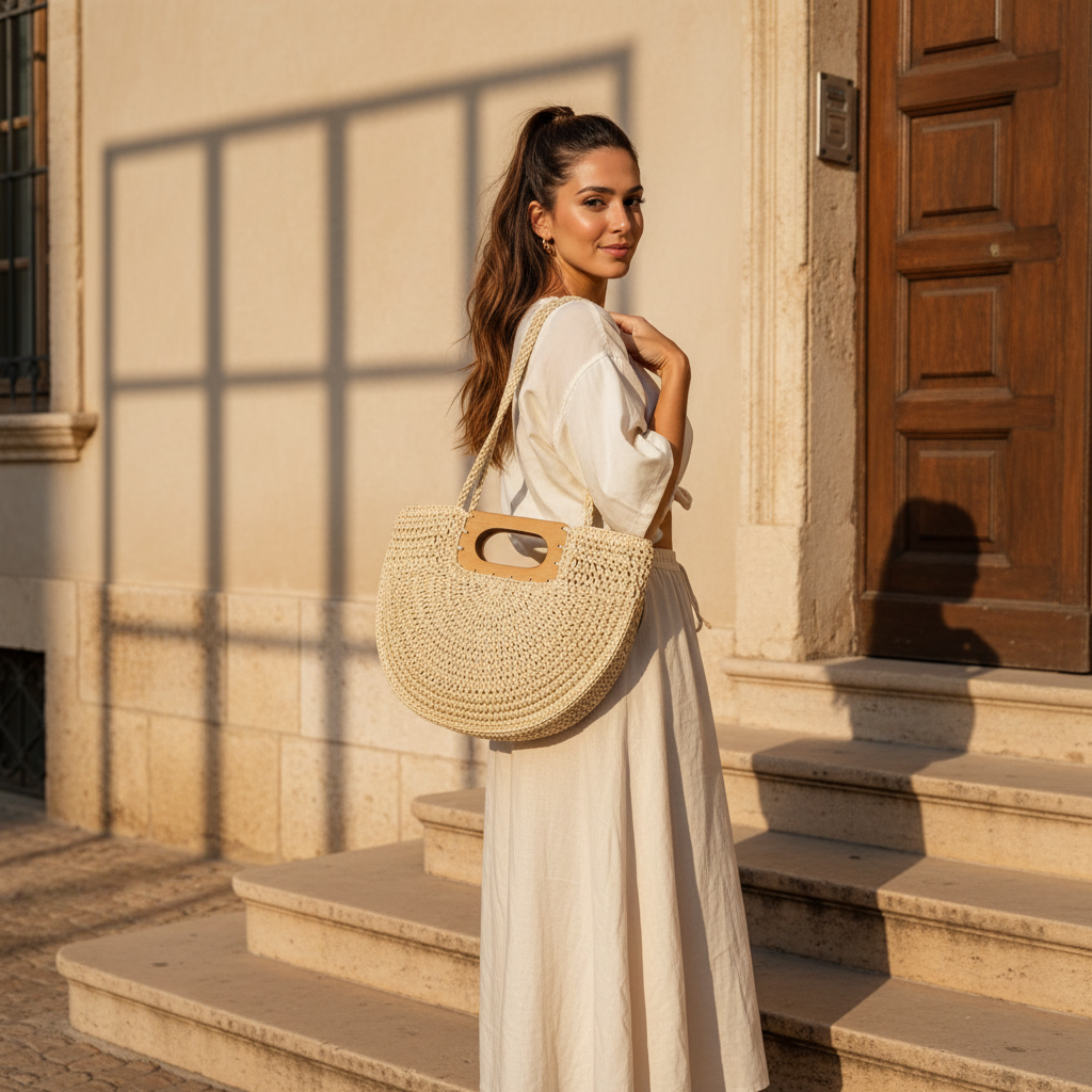 A woman in a long white dress stands on stone steps outside a building, carrying a large woven straw tote bag with wooden handles.