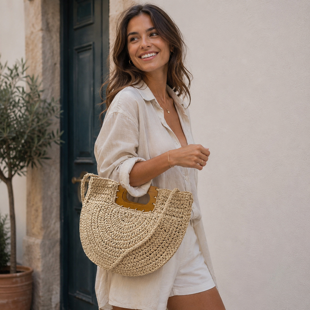 Woman holding a woven bag in front of a building