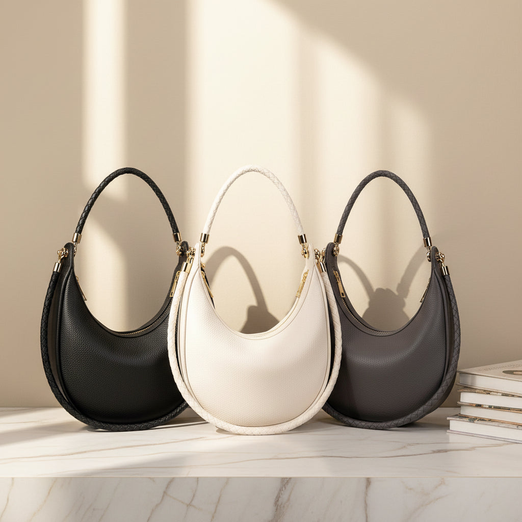 Three crescent-shaped shoulder handbags in black, off-white, and dark gray, arranged on a white marble surface with warm sunlight casting shadows against a beige wall.