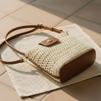 A woven straw shoulder bag with a brown leather strap and a small brown leather snap tab, resting on a white textured towel over beige tiled flooring.