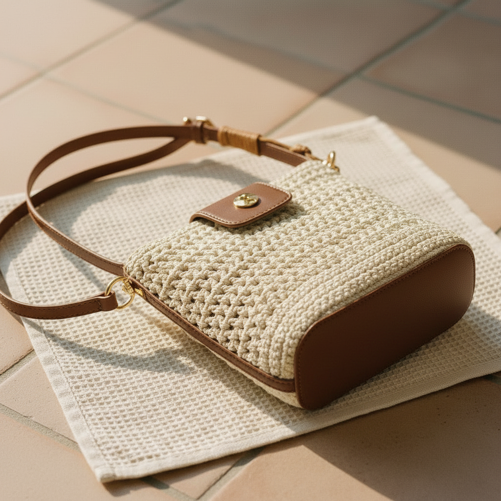 A woven straw shoulder bag with a brown leather strap and a small brown leather snap tab, resting on a white textured towel over beige tiled flooring.