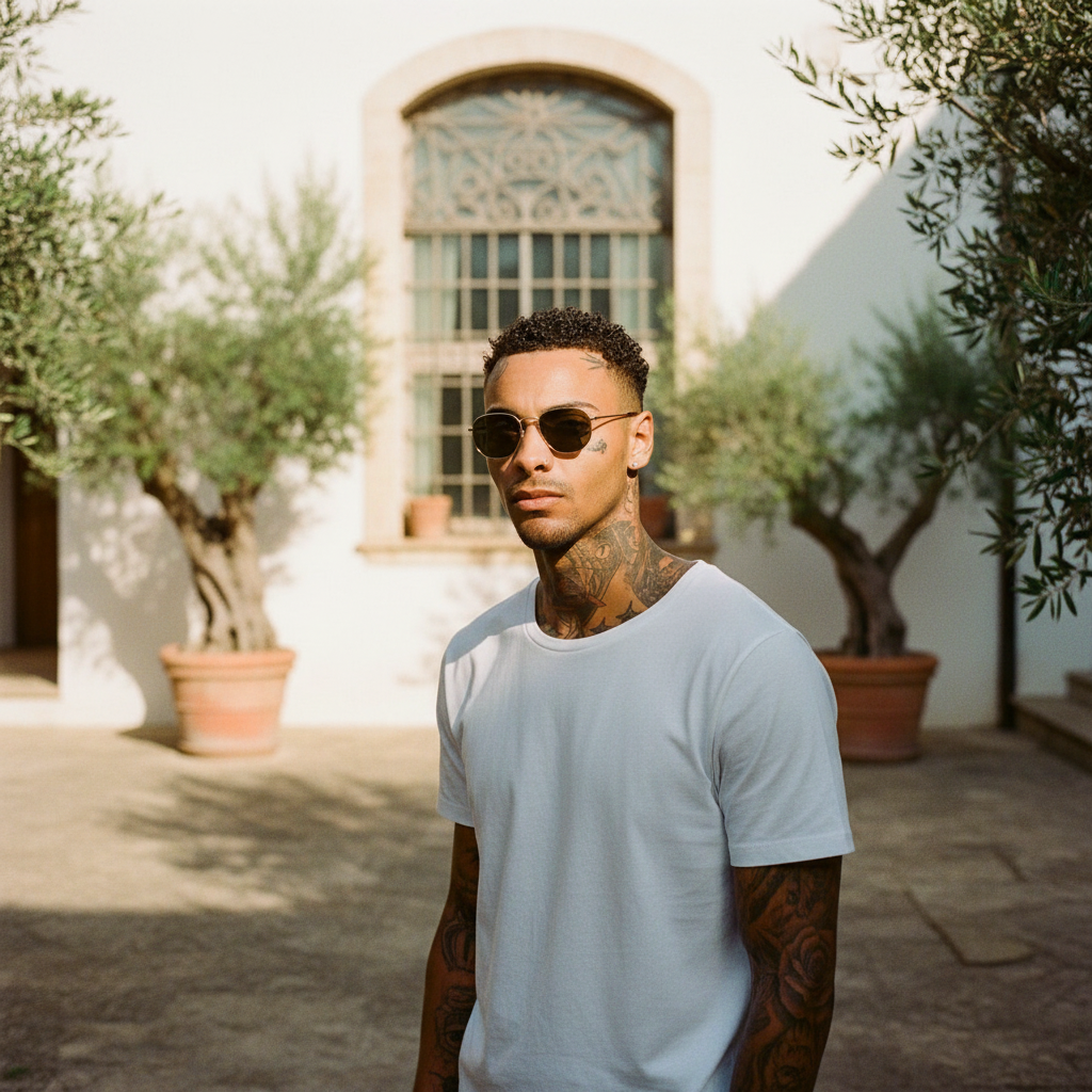 A man with tattoos wearing round dark sunglasses and a white t-shirt, standing in a sunny courtyard with potted olive trees and a white stucco building in the background.