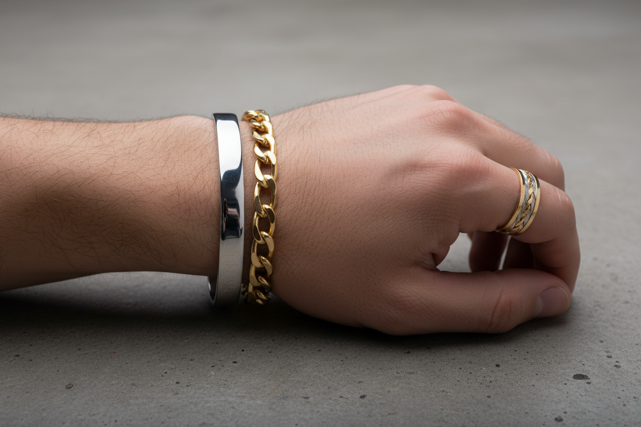 the bracelets must be made of silver and gold and on a wrist