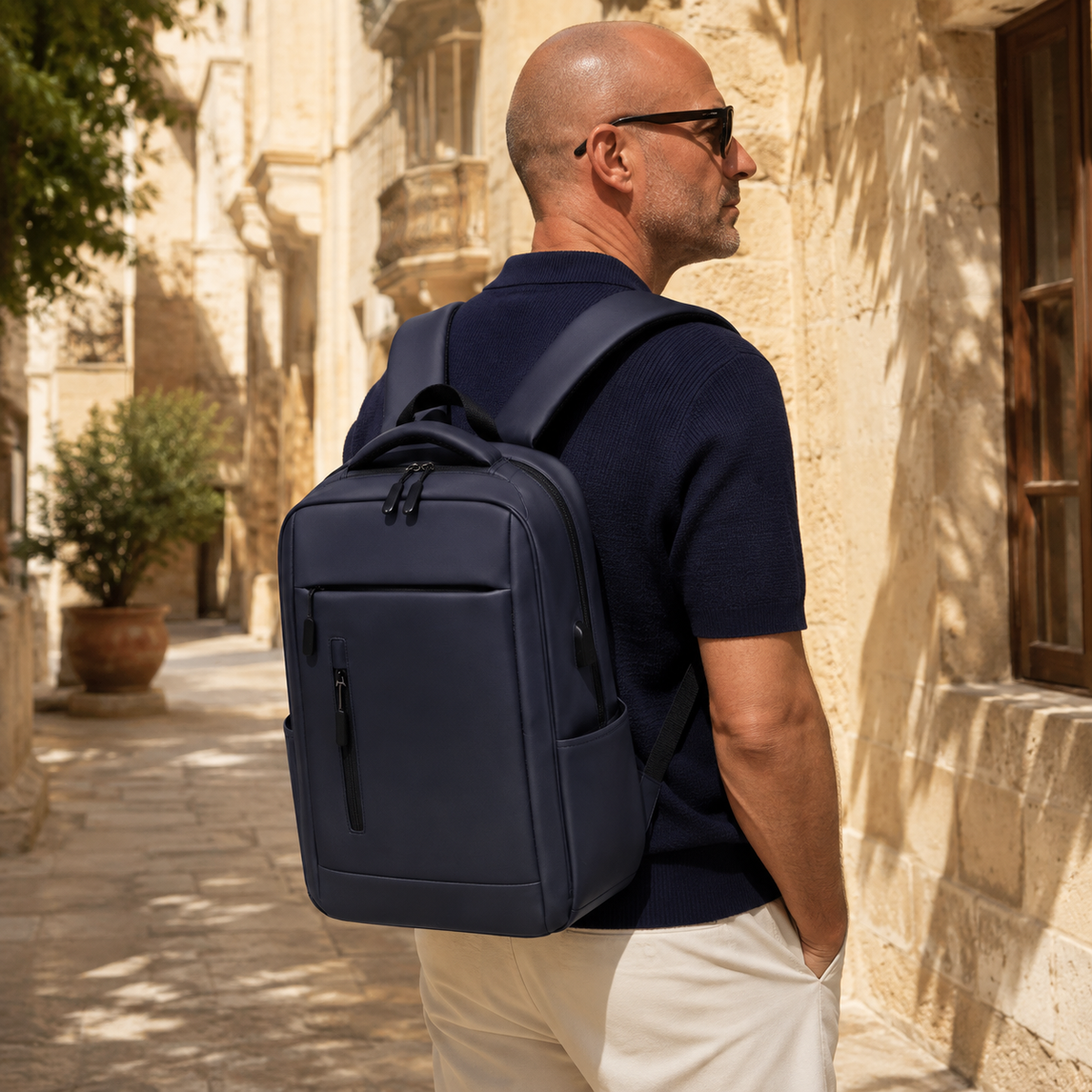 A man wearing a navy blue backpack, navy polo shirt, and cream pants walks down a sunny, sunlit stone alleyway.