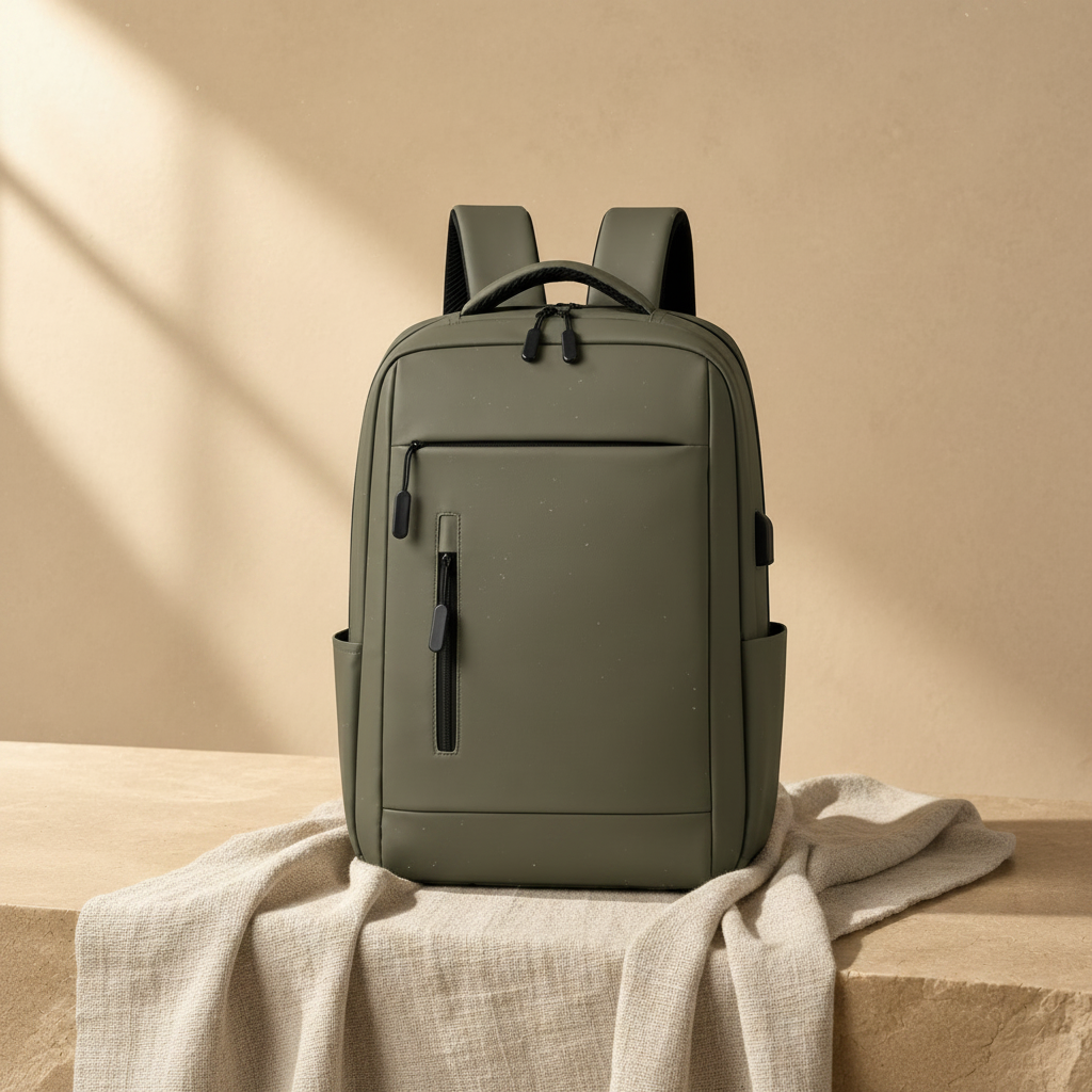 An olive green backpack with black accents, standing upright on a stone ledge against a warm beige background with soft diagonal shadows.