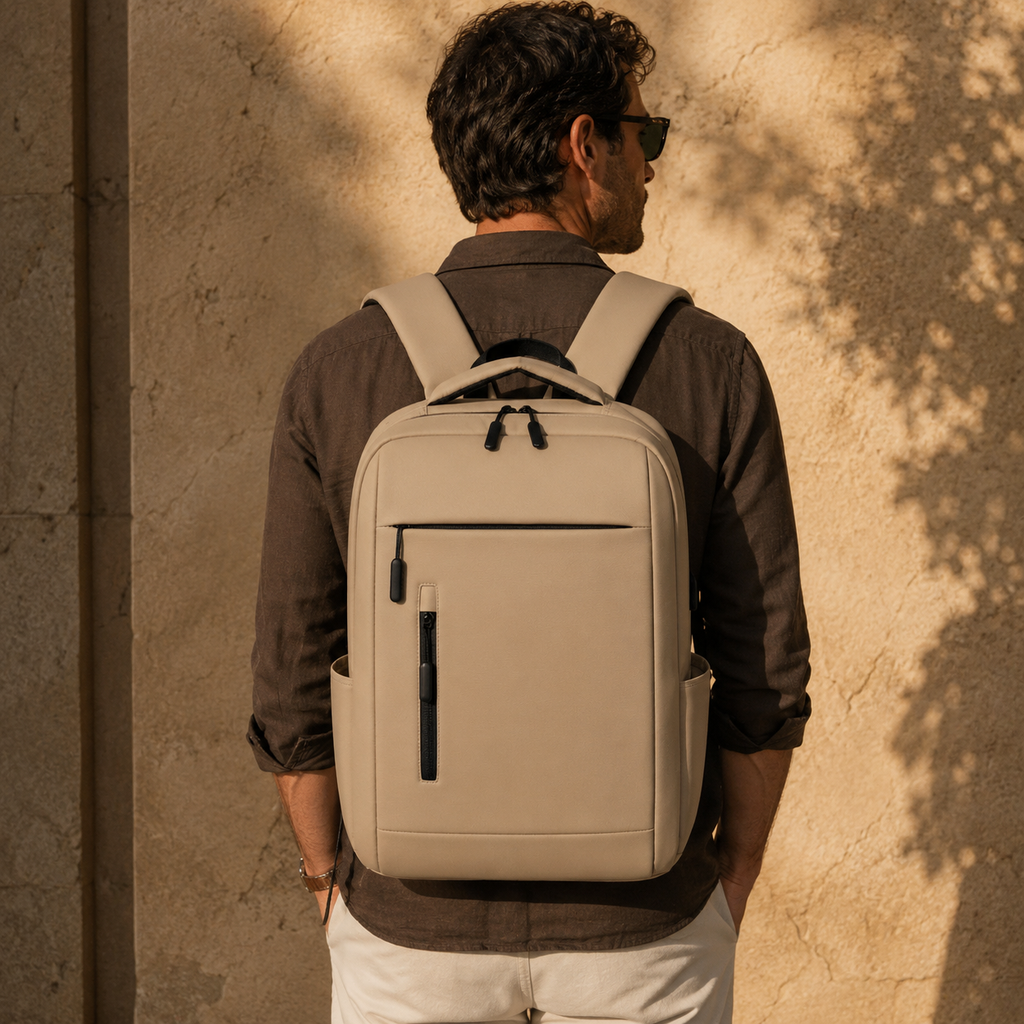 A man viewed from behind wearing a light beige backpack with black accents, standing against a textured beige wall with warm sunlight and leaf shadows.