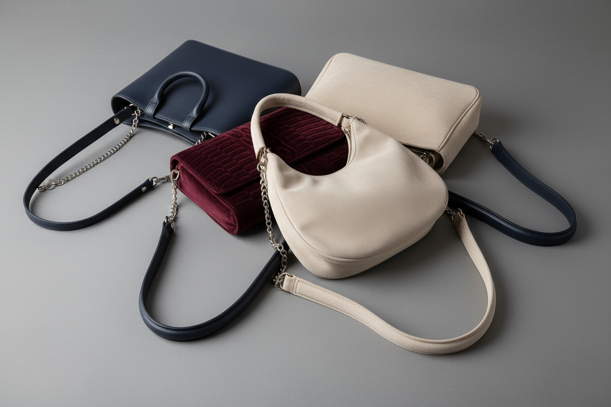 women bags on a slightly gray background, handles must dangle